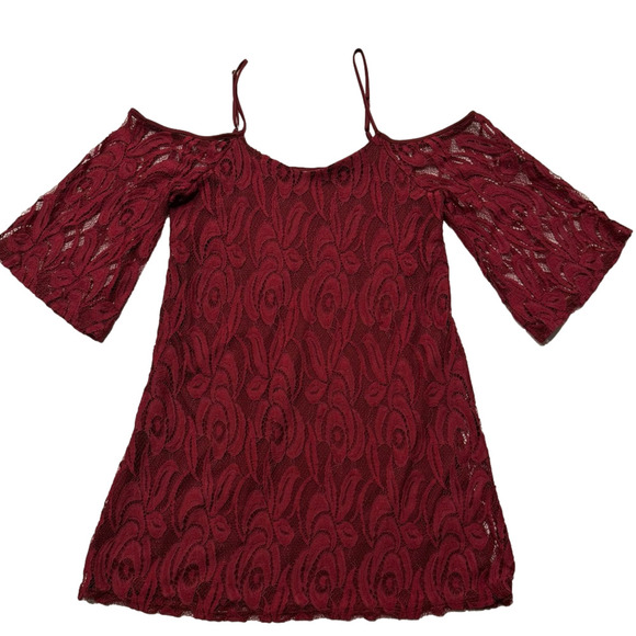 Miami Women's S Whimsigoth Red Lace Cold Shoulder Bell Sleeve Dress Romantic - Picture 1 of 12
